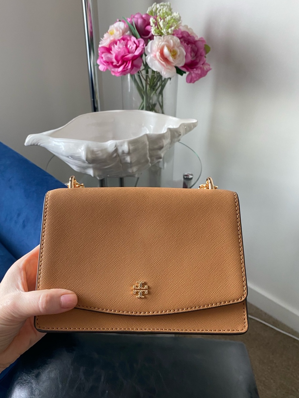 Women’s Tory Burch Tan Leather Logo Shoulder/Crossbody Bag Gold Chain Magnetic